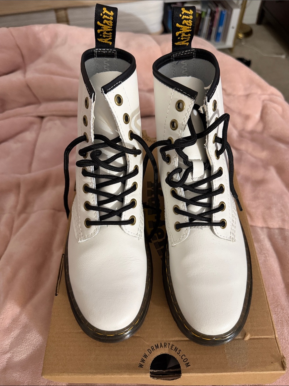 Dr. Martens White Leather Lace-Up Ankle Boots with Black Trim
